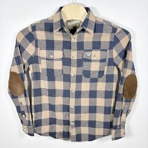 Moosejaw Mens Flannel Shirt Medium Blue Tan Buffalo Plaid Corduroy Elbow Patches